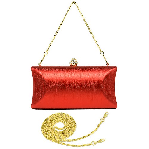 Evening Bag - Shimmery Silk w/ Rhinestones Accent Closure Knob - Red - BG-1120SL-RD Evening Bag - Shimmery Silk w/ Rhinestones Accent Closure Knob - Red - BG-1120SL-RD